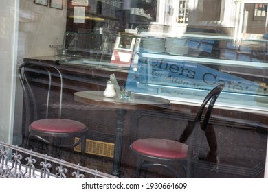 Wetzlar, Hessen, Germany - 06.03.2021: Empty Restaurant Outdoors Chairs Stacked Up During Corona Pandemic Covid-19 Businesses Empty Streets No Business Crisis, Lockdown New Normal Economy