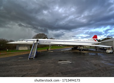 Weybridge, United Kingdom - March 25, 2020: Supersonic Concorde Aeroplane. British Airways Technology Exposition At Brooklands Museum.