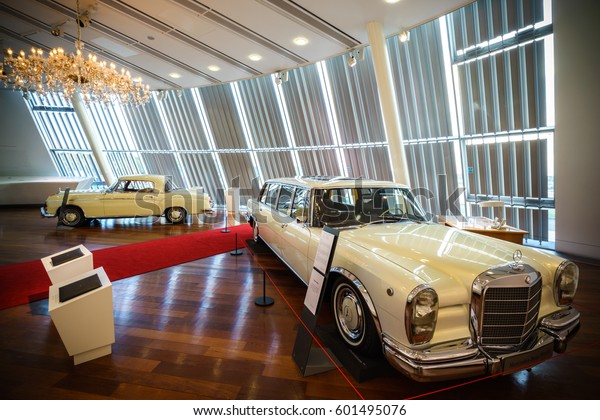 WEYBRIDGE,ENGLAND-MARCH 1, 2017: White Mercedes\
limousine at MB world. Mercedes-Benz World is a facility open to\
the public at the historic Brooklands motor racing circuit in\
Weybridge,\
Surrey