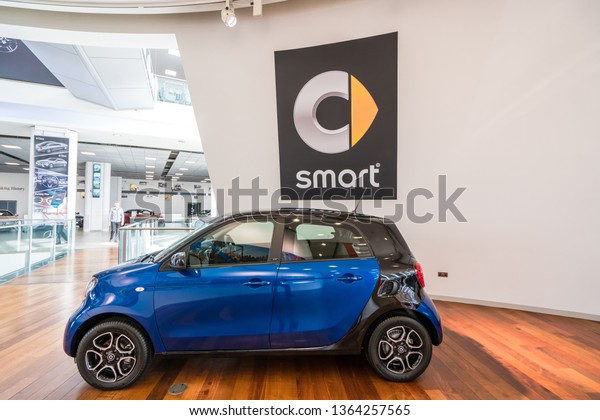 Weybridge,UK-April 4, 2019: Smart fortwo.It is a\
rear-engine, rear-wheel-drive, 2-seater manufactured by Mercedes\
Benz, Daimler\
comapny