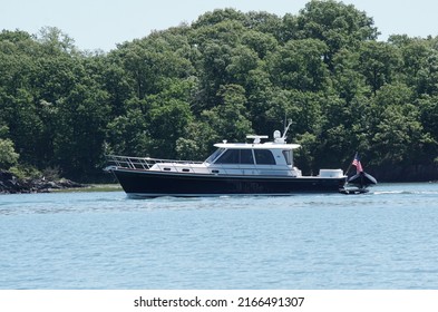 Weymouth, Massachusetts, USA - May 29, 2022: View Of A Grand Banks Yacht At Hingham Bay