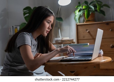 Wfh, Asian Young Student Woman Making Notes, Study Online Of University, Sitting On Desk At Home, Doing Homework Connecting To Internet On Computer, Studying Late At Night, Learning And Education.