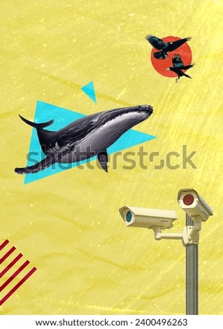 Whale And Crows Creative Collage. Vertical Poster Art. Textured Background. 