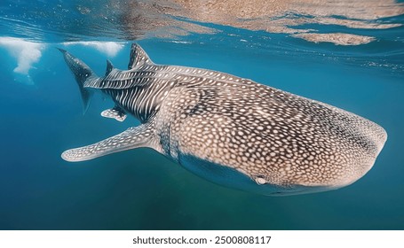 whale shark - Rhincodon typus - is a slow moving, filter feeding carpet shark and the largest known extant fish that inhabit the open waters of all tropical oceans. isolated on white or blue - Powered by Shutterstock