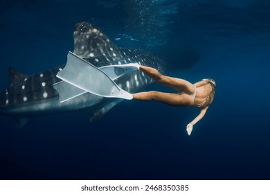 Whale shark and slim woman in blue ocean. Snorkeling girl with shark underwater - Powered by Shutterstock