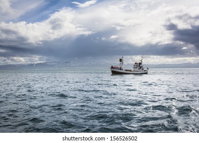 Whale Watching Ship In Husavik, Iceland.