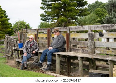 Whanganui New Zealand - April 10 2022; Tow senior men sitting on seat by stockyard fence talking