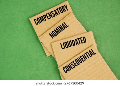 What are the 4 types of damages? Damages include the following types : compensatory, nominal, liquidated, and consequential word. Compensatory damages are further categorized into special damages