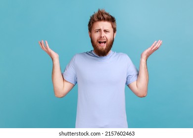 What do you want? Portrait of annoyed frustrated bearded man standing with raised hands and indignant face asking why, annoyed by problem. Indoor studio shot isolated on blue background.