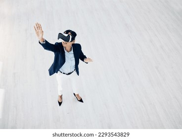 What does the future of business look like to you. High angle shot of a young businesswoman wearing a VR headset in an office. - Powered by Shutterstock