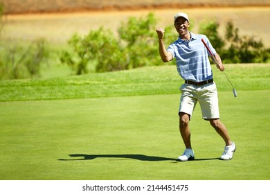 What an eagle. Full length shot of a golfer celebrating a great shot.