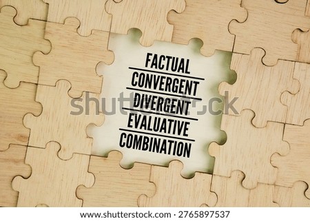 What are the five main types of questions? Factual, Convergent, Divergent, Evaluative and Combination. recalling simple facts to generating original ideas, evaluating information, or blending multiple