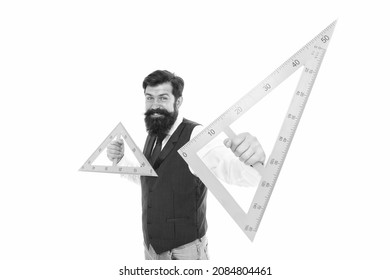 What is triangle. Bearded man hold triangles isolated on white. School teacher smile with geometric triangles. Geometry lesson. Math learning. Triangles with three sides and three angles