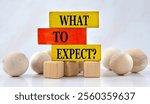 WHAT TO EXPECT? - words on a wooden brown block with balls lying next to it on a white background. Info concept