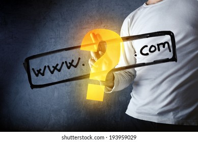 What is your com internet domain, conceptual image with man pushing virtual screen graphics.