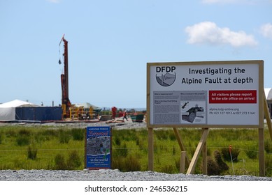 WHATAROA, NEW ZEALAND, DECEMBER 5, 2014: Signage At The Deep Fault Drilling Project, Whataroa, New Zealand. Geologists Expect To Gain Knowledge Of Earthquakes From Core Samples Of The Alpine Fault.