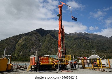 WHATAROA, NEW ZEALAND, DECEMBER 5, 2014: Drillers  On The Deep Fault Drilling Project, Whataroa, New Zealand. Geologists Expect To Gain Knowledge Of Earthquakes From Core Samples Of The Alpine Fault.