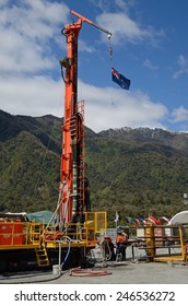 WHATAROA, NEW ZEALAND, DECEMBER 5, 2014: Drillers  On The Deep Fault Drilling Project, Whataroa, New Zealand. Geologists Expect To Gain Knowledge Of Earthquakes From Core Samples Of The Alpine Fault.