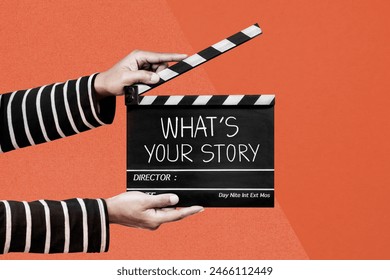 what's your story. film crew holding clapperboard..Abstract art collage.	