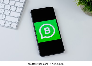 WhatsApp Business App Logo On A Smartphone Screen. Manhattan, New York, USA May 2, 2020.