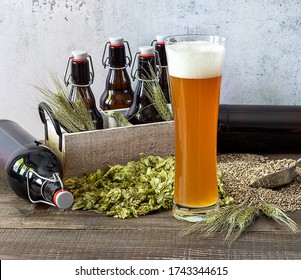 Wheat Craft Beer In High Glass With Wheat, Hops And Bottles. Typical German Style. Micro Brewing Concept.