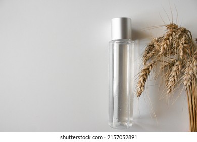 Wheat essence in a glass bottle and dry wheat ears on white background with copy space. Cosmetic essence oil template ad. Realistic bottle product with wheat