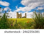 Wheat field with the ruined castle of the abandoned town of Caudilla, Toledo (Spain), in the background.