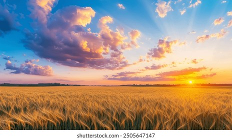 a wheat field under a dramatic sunset, with soft clouds and warm hues