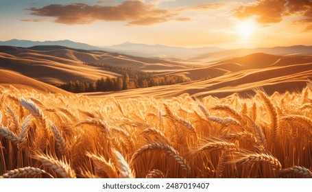 The wheat fields were bright and the wheat was blowing with the wind