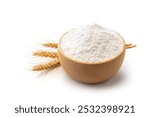 wheat flour in wooden bowl isolated on a white background