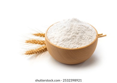 wheat flour in wooden bowl isolated on a white background