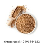 Wheat Grains in Bowl Isolated, Barley Pile, Dry Cereal Seeds for Bread, Spelta Healthy Organic Food, Wheat Grains Heap on White Background Top View