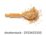 Wheat Grains in Wood Scoop Isolated, Barley Pile, Dry Cereal Seeds for Bread, Spelta Healthy Organic Food, Wheat Grains Heap in Wooden Spoon on White Background Top View