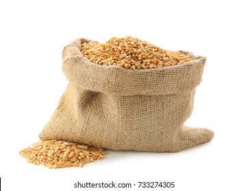 Wheat Grass Seeds In Sackcloth Bag On White Background