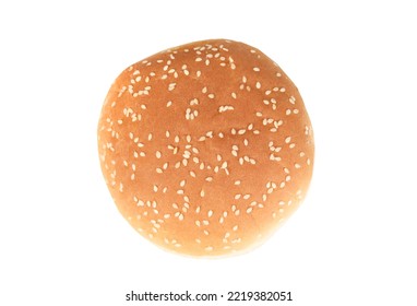 Wheat Hamburger Bun, Roll With Sesame Seeds, Isolated On A White Background, Top View. Packhot Photo For Package Design, Template.