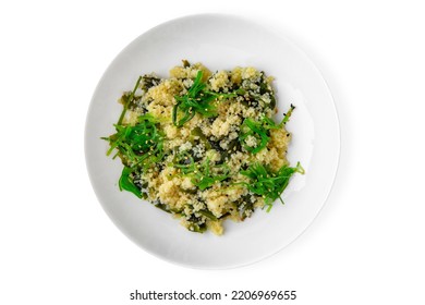 Wheat Porridge Or Bulgur With Seaweed And Chukka. Balanced, Nutritious, Tasty And Nutritious Food. Ready-made Menu For A Restaurant Or For Delivery. Dish In A White Plate Isolated On A White