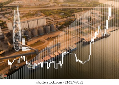 Wheat Price Growth Chart Against The Background Of Grain Port With Silos And Ships