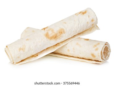Wheat round tortillas close-up isolated on a white background. Lavash.