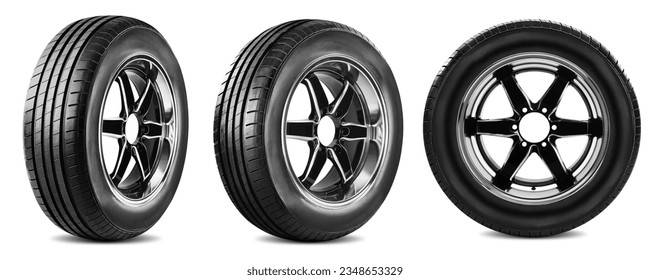 Wheel car , Car tire, Aluminum wheels, sport wheel and tire , Modern wheel rim, racing wheel and tire side view isolated on white background.