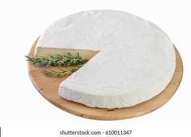 Wheel Cheese Brie On Wooden Round Board,clipping Path.