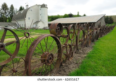 Wheel fence of the historic dahmen barn, uniontown, washington, usa