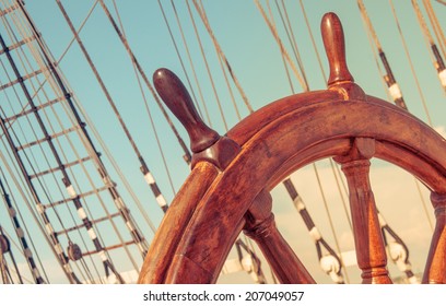 Wheel Or Helm On An Old Ship.