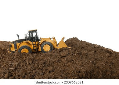 Wheel loader digging soil in the construction site on isolated white background.