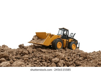 Wheel loader digging soil in the construction site on isolated white background.