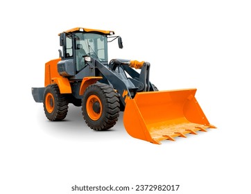 Wheel Loader Isolated on White Background. Orange Front Loader with Shovel. Manufacturing Equipment. Pneumatic Truck. Tractor Front End Loader. Heavy Equipment Machine. Side View Industrial Vehicle.