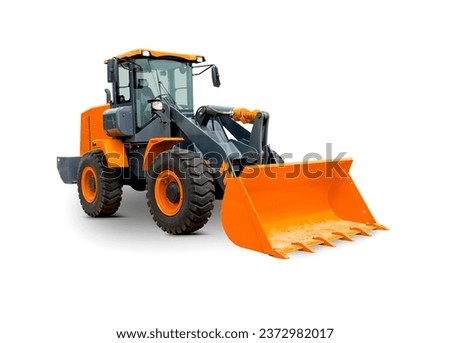 Wheel Loader Isolated on White Background. Orange Front Loader with Shovel. Manufacturing Equipment. Pneumatic Truck. Tractor Front End Loader. Heavy Equipment Machine. Side View Industrial Vehicle.