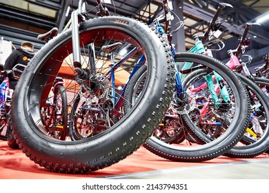 Wheel of modern mountain bicycles in sports shop