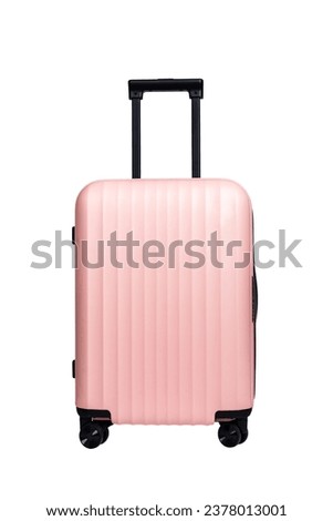 Wheel suitcase with handle. Spinner baggage, pink bag isolated on white