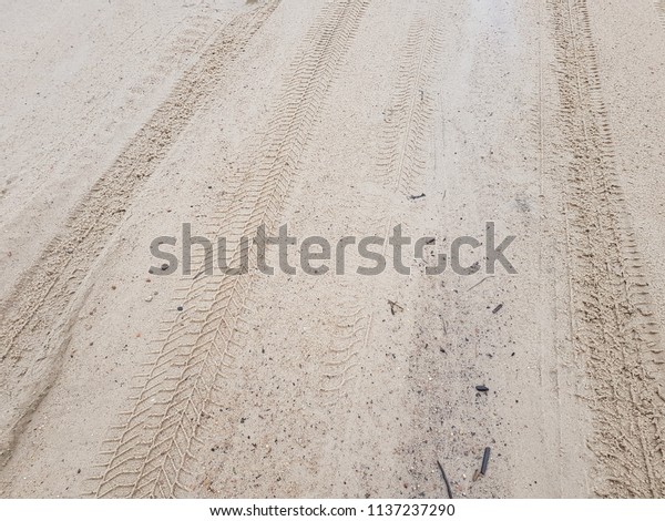 Wheel trace on road, puddle and mud after rain.\
Traces on soil of tractor, excavator, car, automotive tire tracks\
on muddy trail. Sandy road in country with puddles in rainy day.\
Background, texture.