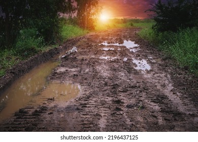 Wheel tracks in the soil. Country road Natural Morning landscape - Shutterstock ID 2196437125